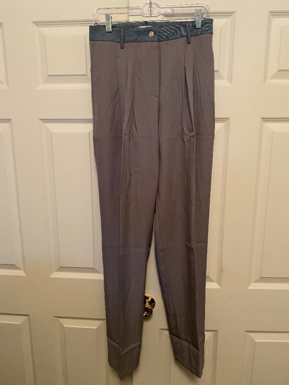 Contrast Waist Straight Leg Trousers with Denim Waistband